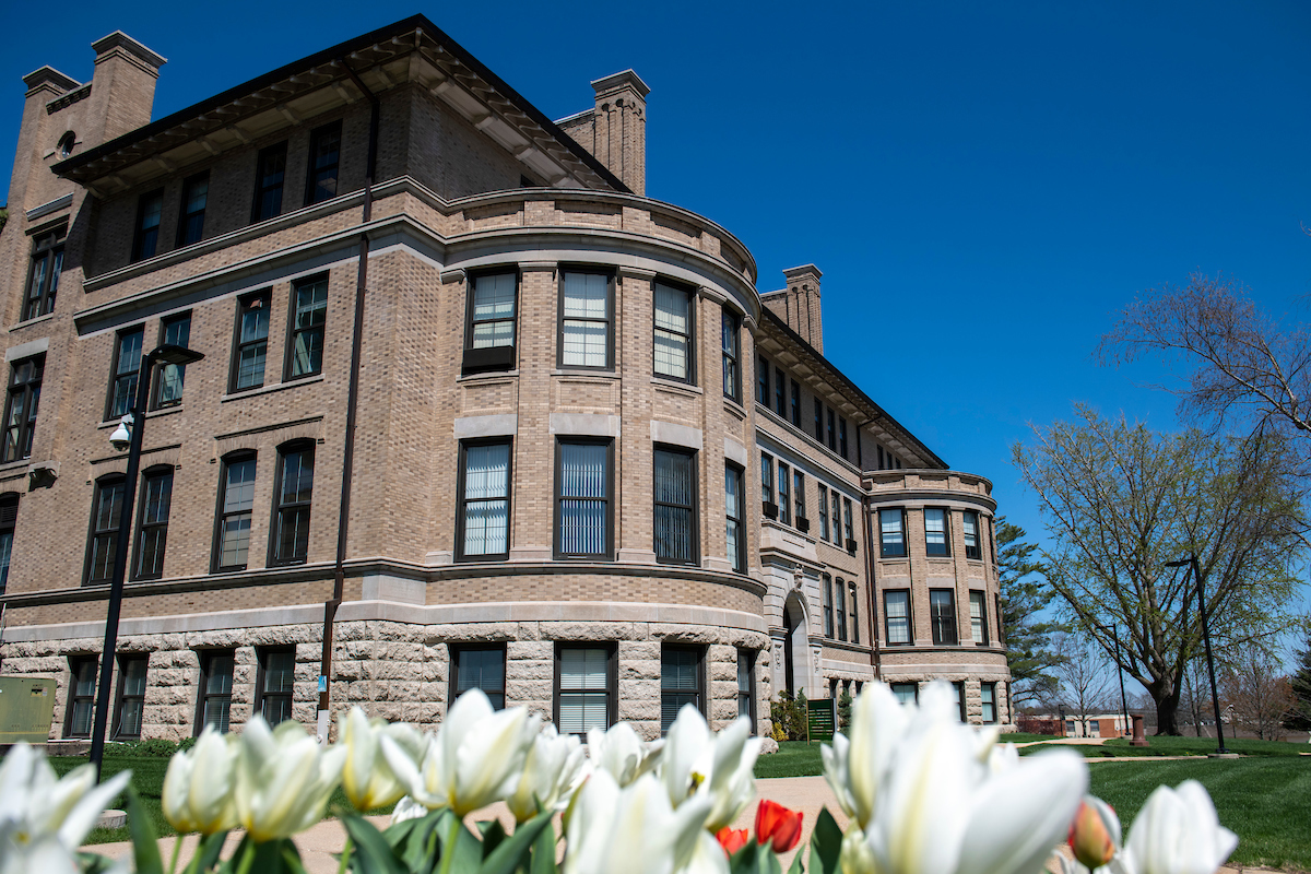 Norwood hall with white tulips